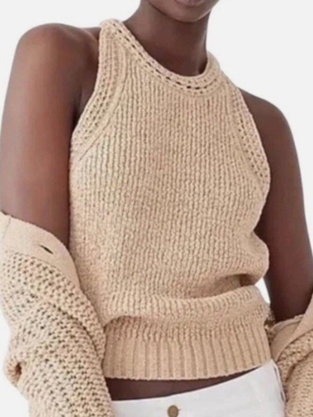 J. Crew High-Neck Textured Pointelle Sweater Tank Beige/ Tan Size M